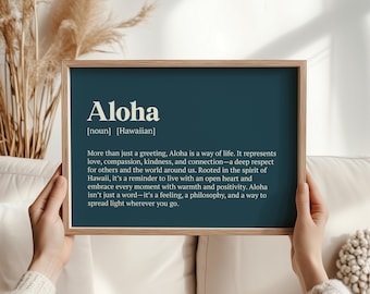 Aloha Hawaiiaanse woorddefinitie afdrukken | Tropische typografie muurkunst | Hawaii cadeauposter landschap marineblauw roze crème