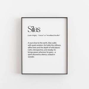 Silas Name Meaning Wall Art | Woodland Spirit Definition Print | Personalized Nature-Inspired Baby Gift, Nursery or Boy’s Room Decor