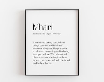 Mhairi Name Print, Scottish Name Definition Gift, Personalised Name Wall Art, Birthday Gift for Her, Black White Name Print, Mhairi Gift