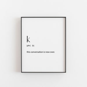 Teenager room decor, k definition, dictionary print, teen room art, teenage boy room art, gift for him, boys game room art, black and white