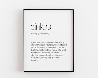 Impresión de Cinkos: definición de amigo húngaro, regalo de cómplice travieso, arte mural cultural, cita de compañero leal de aventuras, arte húngaro