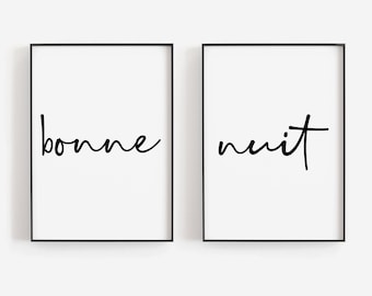 Bonne Nuit Print, French Set of 2 Prints, Good Night Posters, Fun Set of 2 Typography Prints, Ideal for Bedrooms or Guest Rooms, Room Art