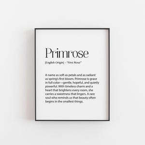 Primrose naam betekenis print - 'Eerste roos' muurkunst - bloemen babyshower cadeau - vintage naamdecor - kinderkamer vrouwelijke botanische naamposter