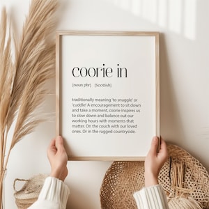 Schotse print, Coorie In Definition, Schotse print, minimalistische kunst, Schotse geschenken, Schotse jargon, Schotse kamerdecoraties, Schotse kunst