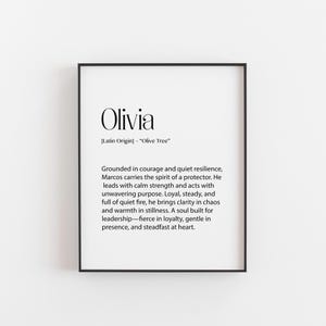 Olivia Name Bedeutung Druck - Babyparty Andenken, personalisierte Kinderzimmer Dekor, Olivia Name Herkunft, bedeutungsvolles Geschenk - Kunst-Ideen für Kinderzimmer
