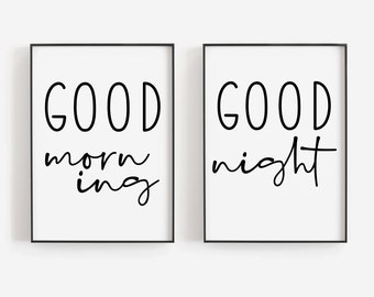 Set of 2 Prints, Good Morning and Good Night, Bedroom Wall Prints for Couples or Singles, Trendy Art for the Home, Airbnb Wall Ideas, Poster