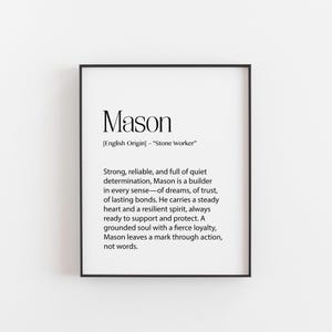 Mason Name Bedeutung Print - Stark, Loyal & Geerdet Wandkunst, Kinderzimmer Dekor, Baby Jungen Geschenk, Englisch Herkunft Name Definition Poster