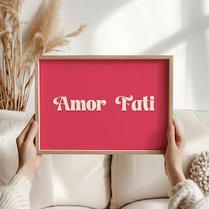 May include: A framed print with a red background and white text that reads "Amor Fati".