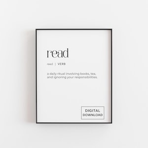 Impresión de definición de lectura: descarga digital / Arte mural imprimible para amantes de la lectura / Decoración para rincones de lectura / Póster tipográfico literario / Habitación para adolescentes