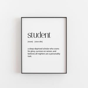 Könnte beinhalten: Gerahmter Druck mit der Definition von "Student" in schwarzer Schrift auf weißem Hintergrund. Die Definition enthält die Aussprache und eine humorvolle Beschreibung des Studentenlebens.
