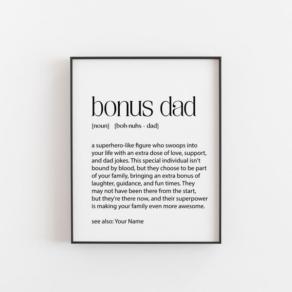 Personalized Bonus Dad Definition Wall Art Print - Heartwarming Fathers Day, Birthday, and Christmas Gift  | Perfect Present for Stepdad