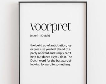 Voorpret Definition Print, Dutch Word Gift, Anticipation Wall Art, Unique Word Print, Party Lover Gift