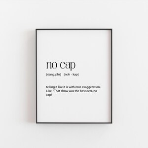 Op de afbeelding: Zwart-witte printbare wandkunst met de definitie van de slangterm "no cap", wat betekent dat je de dingen zonder overdrijving vertelt zoals ze zijn.