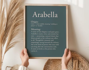 Arabella-naamafdruk, Latijnse naam betekenis cadeau, zeldzame elegante naamafdruk, gepersonaliseerde muurkunst voor haar, uniek babyshowercadeau, Arabella-cadeau
