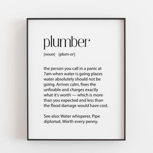 May include: A framed wall print featuring a dictionary-style definition of the word plumber. The text reads: plumber [noun] [plum-er] the person you call in a panic at 7am when water is going places water absolutely should not be going.