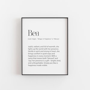 Bea Name Bedeutung Print - Freudige, sanfte & helle Wandkunst, Baby Mädchen Geschenk, Kinderzimmer Dekor, Name Poster mit lateinischer Herkunft, erhebende Wandkunst