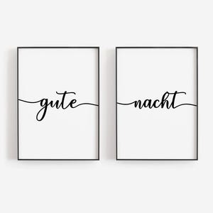 Bonne nuit / Mot allemand / Gute Nicht / Poster Bonne nuit / Panneau au-dessus du lit / Décoration d&#39;intérieur allemande / Art mural allemand / Lot de 2 œuvres d&#39;art pour la chambre à coucher