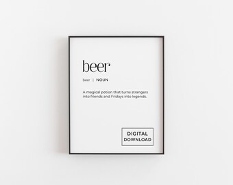 Impresión con la definición de cerveza: arte mural digital divertido para descargar, póster tipográfico minimalista para bar, cocina o cueva masculina, regalo para chicos.