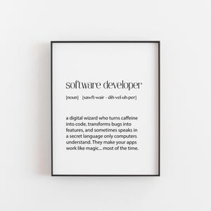 ソフトウェア開発者の定義プリント - 面白いコーディングウォールアート - プログラマーとコーダーへのオタクギフト - オフィス装飾用のテックユーモアポスター