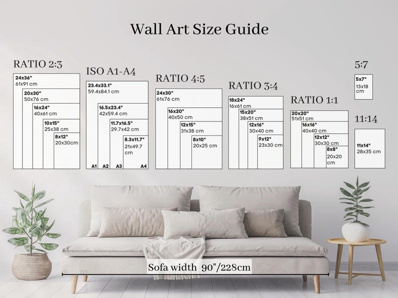 a living room with a couch and a wall size guide