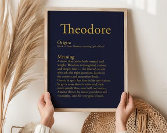 Theodore Name Print, Greek Name Meaning Gift, Personalised Boy Wall Art, Baby Baptism Gift