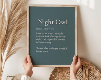Night Owl Definition Print, Funny Gift for Teenager, Teen Bedroom Decor, Gift for Her Birthday, Funny Wall Art, Student Gift