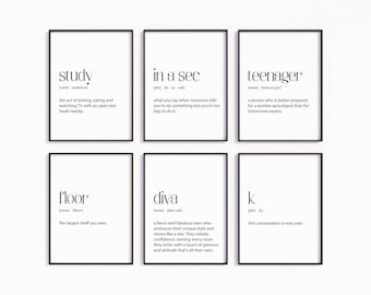 Set of 6 Teenager Prints, Gallery Prints for Teenager Bedroom, Teen Slang Wall Art, Art for Adolescents, Funny Humorous Art, Bedroom Decor