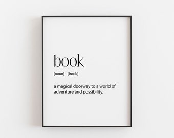 Może przedstawiać: Czarno-biały wydruk typograficzny ze słowem "książka" zdefiniowanym jako "magiczne drzwi do świata przygód i możliwości."