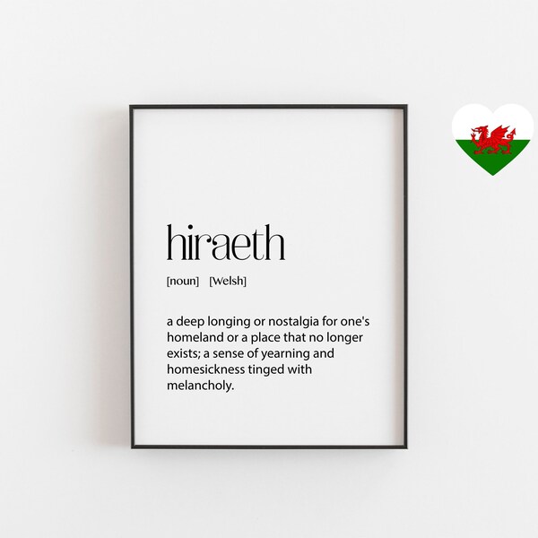 Welsh hiraeth wall art homeland longing typography, Welsh hiraeth sentiment print nostalgia home gift, Wales minimalist room wall art poster