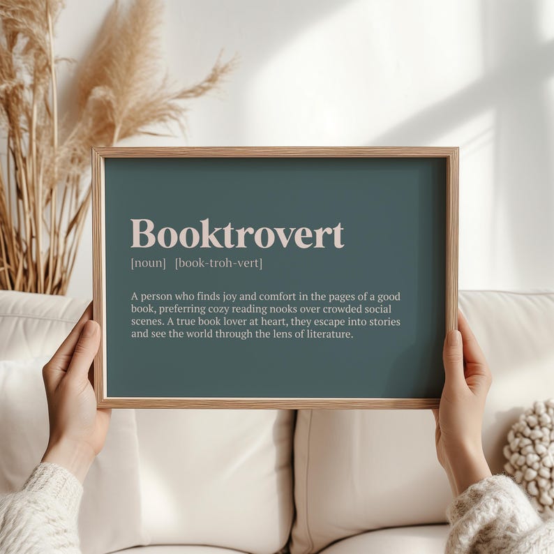 Booktrovert Print - Book Lover Definition, Reading Nook Art, Bibliophile Gift, Cozy Reader Decor, Literary Escape Quote for Bookworms Blue-Grey