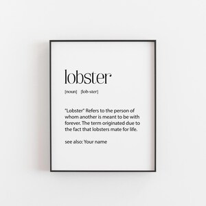 Personalised lobster print with custom name – romantic wall art inspired by the idea that lobsters mate for life, a unique gift for couples, anniversaries, or Valentine’s Day.