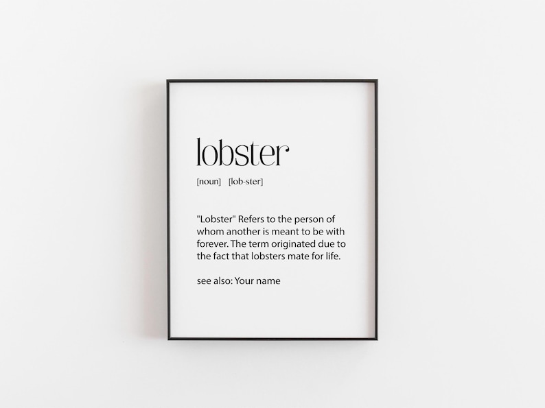 Personalised lobster print with custom name – romantic wall art inspired by the idea that lobsters mate for life, a unique gift for couples, anniversaries, or Valentine’s Day.