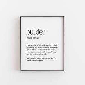 Könnte beinhalten: Schwarzweißes druckbares Wandbild mit einer Definition des Wortes "Bauarbeiter". Die Definition lautet: "Der Zauberer der Materialien. Mit einem Werkzeuggürtel voller Träume und Händen, die Baupläne in die Realität verwandeln, verwandelt ein Bauarbeiter Steine, Balken und Geplänkel in Häuser, Büros und gelegentliche Wunder. Siehe auch: Problemlöser, Leiterakrobat, kaffeegetriebener Held."