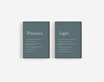 Light & Presence Definition Print Set, Mindfulness Gift Bundle, Encouragement Wall Art Set, Gift for Her, Two Print Set