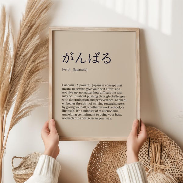 Impression ganbaru - art japonais de la persévérance, citation de ne jamais abandonner, décoration murale kanji, cadeau de motivation pour étudier, affiche sur l'état d'esprit de résilience