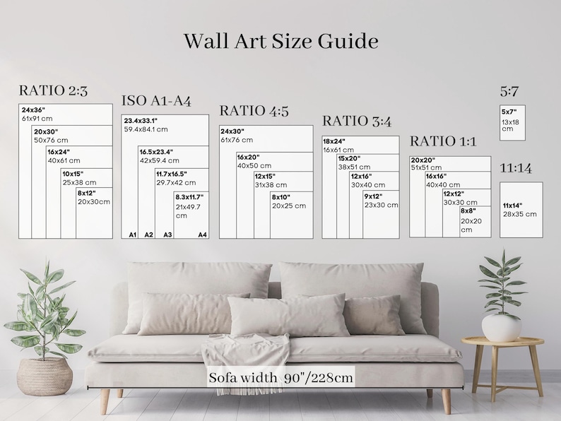 a living room with a couch and a wall size guide
