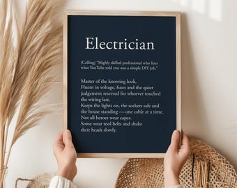 Elektricien print, grappig cadeau voor elektricien, elektricien definitie cadeau, verjaardagscadeau voor hem, grappig cadeau handelaar, poster elektricien