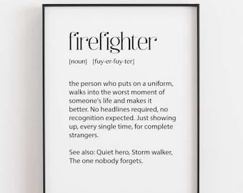 Lámina con la definición de bombero, regalo para bombero, regalo para héroe, regalo de cumpleaños para bombero, regalo para trabajador de emergencias