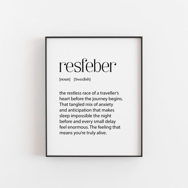 Lámina con la definición de Resfeber, regalo para amantes de los viajes, arte mural para viajeros, póster con cita de viajes, lámina con palabra única, regalo de cumpleaños para viajeros
