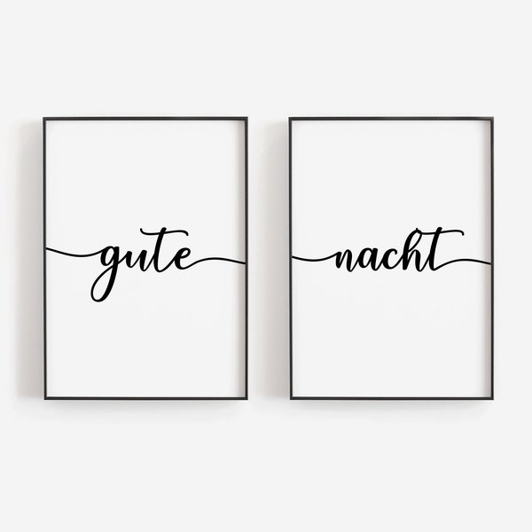 Good Night / German Word / Gute Nicht / Good Night Poster / Above Bed Sign / German Home Decor / German Wall Art / Set of 2 Bedroom Art