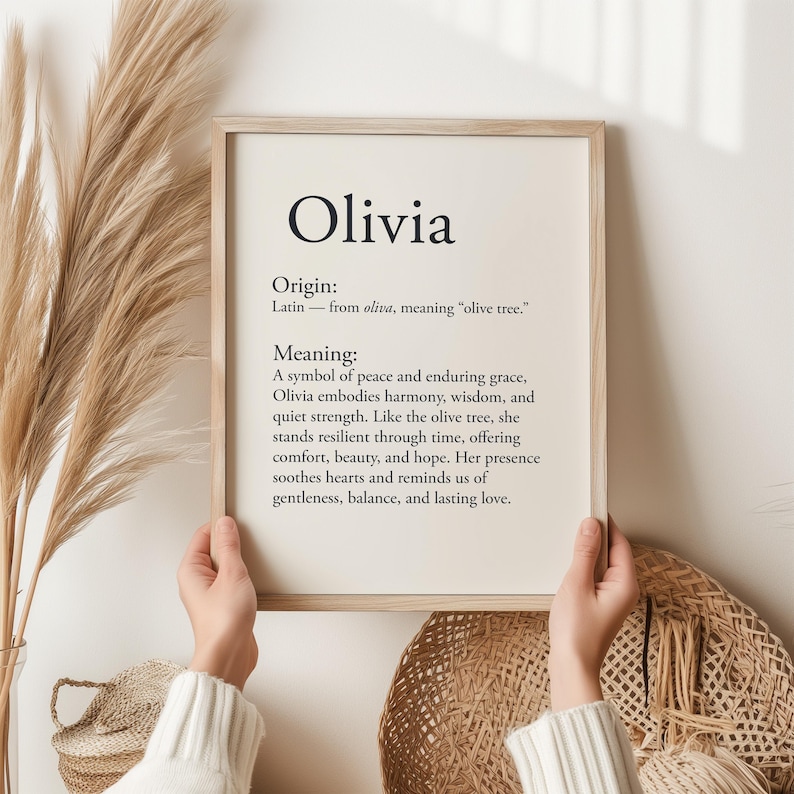 Olivia name meaning print with origin and definition, elegant minimalist wall art, perfect baby girl gift or nursery decoration.