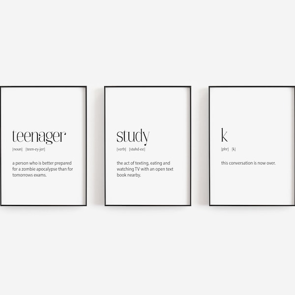 Set of 3 teenager room art, study definition, dictionary print, teen room art, teenage boy room art, gift for him, teen bundle art prints