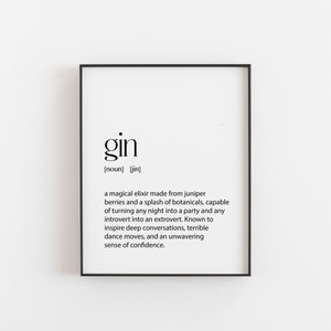 Gin Definition Druck - Lustiges Alkohol Wandbild, Cocktail Liebhaber Geschenk, Vintage Bar Dekor, witziges Wörterbuch Poster für Zuhause oder im Pub, Bar Kunst