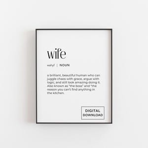 Wife Definition Print – Funny Digital Download Wall Art | Humorous Typography Poster | Gift for Wife | Instant Download Home Decor