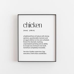 Chicken definition print in black and white, funny gift for chicken keeper and backyard hen owner, wall art ships from UK