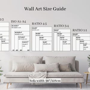 May include: A wall art size guide with various aspect ratios and dimensions in inches and centimeters. The guide includes ratios like 2:3, 4:5, and 3:4, with sizes ranging from 8x12 inches to 24x36 inches. A sofa with a 90-inch width is in the foreground.