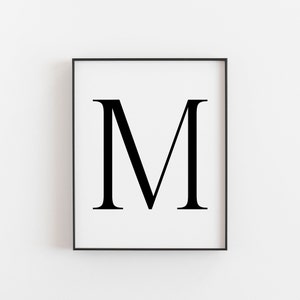 May include: A black and white framed print of the letter "M" in a simple, bold font.