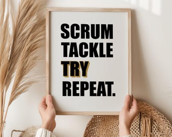 Scrum Tackle Try Repeat Rugby Print, Regalo divertido de rugby, Arte mural de rugby, Regalo de cumpleaños para él