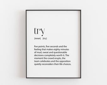 Probeer rugbyprint, grappig rugbycadeau voor hem, cadeau rugbyspeler, rugbydefinitieprint, verjaardagscadeau voor papa, kunst aan de muur rugbyfan