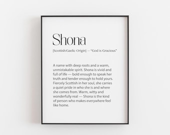 Shona-naamafdruk, Schotse naamdefinitie cadeau, gepersonaliseerde zwartwitte muurkunst, verjaardagscadeau voor haar, monochrome naamafdruk, Shona-cadeau